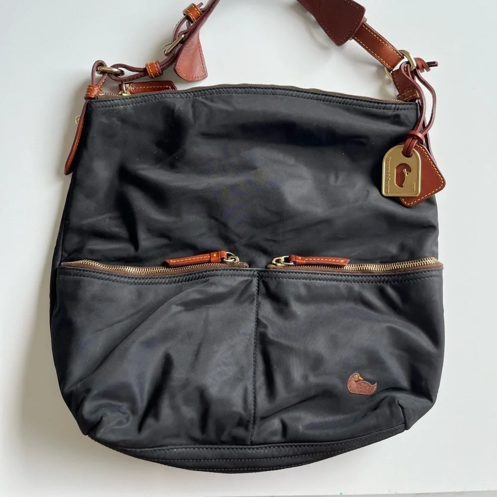 Dooney & Bourke Black Tote with Brown Leather and Gold Tag - Picture 2 of 13